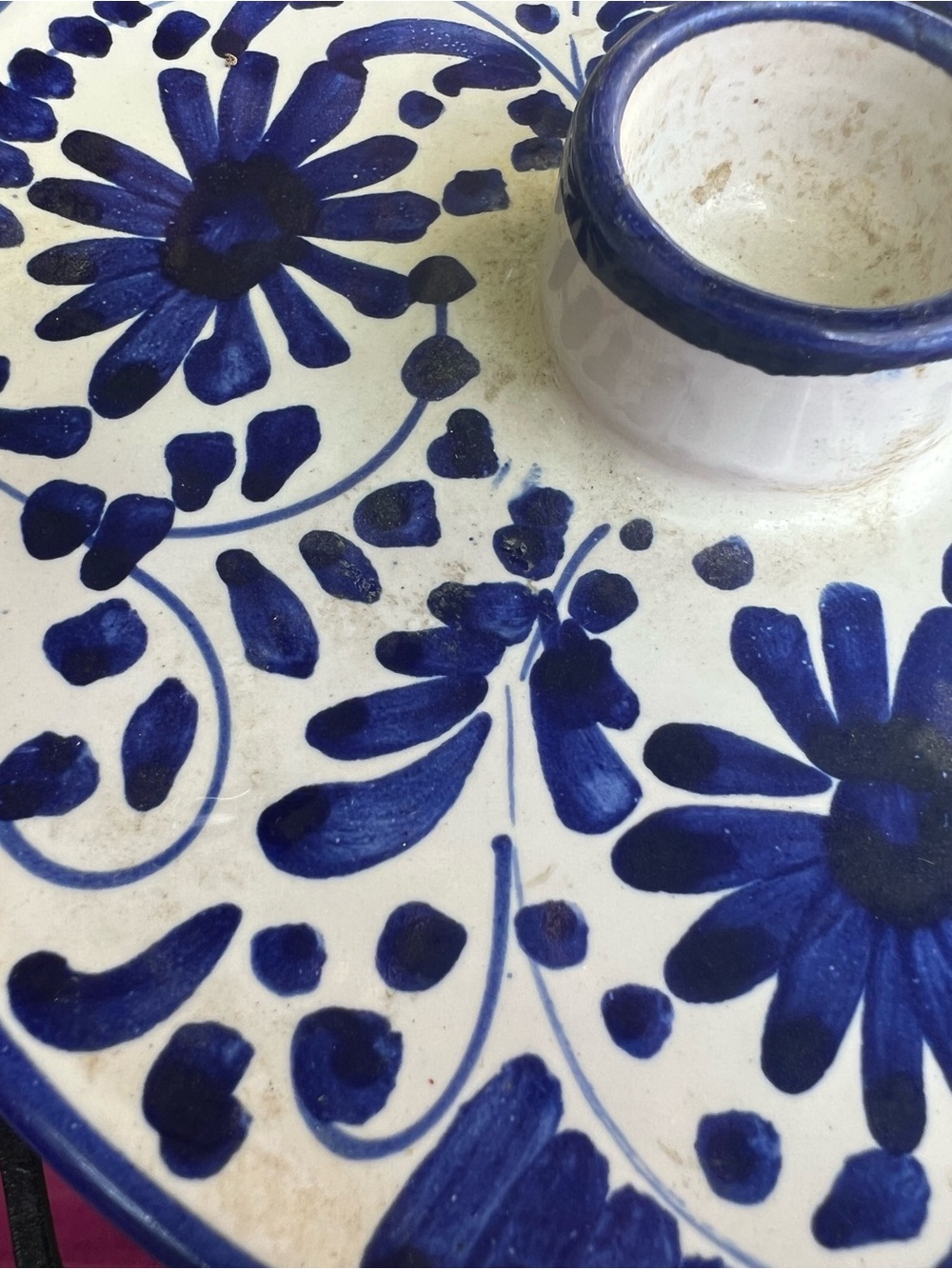 Hand-Painted Italian Ceramic candleholder signed and dated blue floral